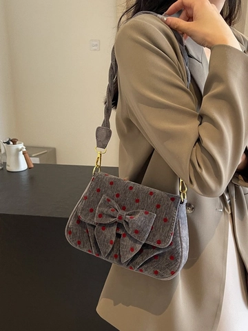 Sac à Épaule en Velours Côtelé Vintage pour Femmes Avec Grand Nœud et Motif à Pois Style Coréen Mode Sacoche pour le Quotidien