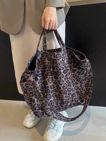 Large Capacity Leopard Print Tote Bag For Women Fashion Canvas PU Shoulder Bag Vintage Commuting Travel Handbag Wide Strap