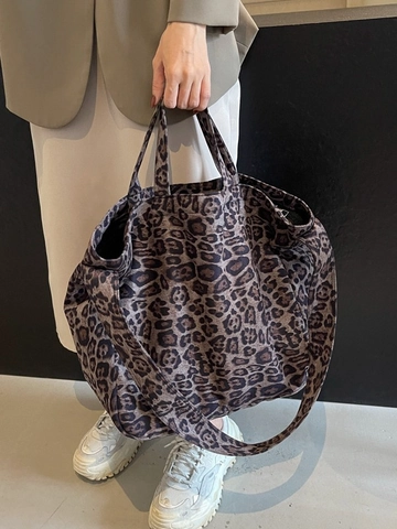 Large Capacity Leopard Print Tote Bag For Women Fashion Canvas PU Shoulder Bag Vintage Commuting Travel Handbag Wide Strap