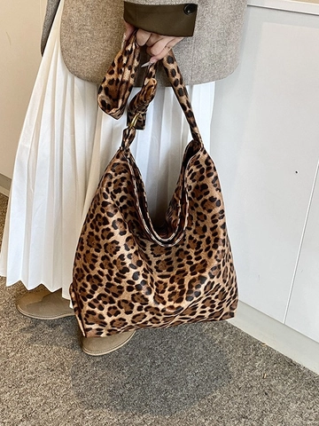 Damen Leopardenmuster Schultertasche Mit Großer Kapazität PU Leder Vintage Hobo Tote Handtasche Mit Metallring Für Den Alltag