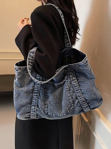 Bolso Tote de Mezclilla Lavada Vintage para Mujer Gran Capacidad Bolso de Hombro Casual Color Sólido Bolso de Compras Diario