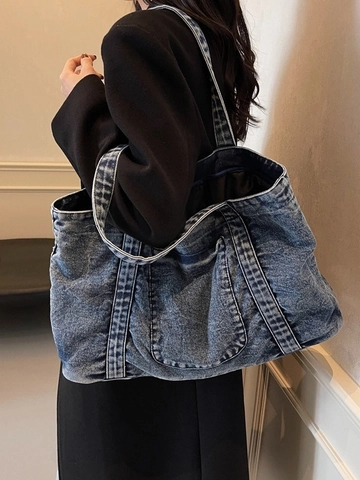 Bolso Tote de Mezclilla Lavada Vintage para Mujer Gran Capacidad Bolso de Hombro Casual Color Sólido Bolso de Compras Diario