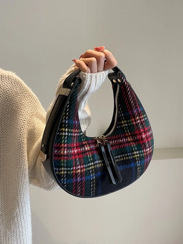 Vintage Wollstoff Karomuster Unterarmtasche Für Damen Mode Koreanischer Stil Farbblock Schultertasche Kunstleder Spleißen Mondsichel Tasche