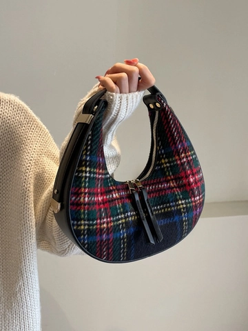 Vintage Wollstoff Karomuster Unterarmtasche Für Damen Mode Koreanischer Stil Farbblock Schultertasche Kunstleder Spleißen Mondsichel Tasche