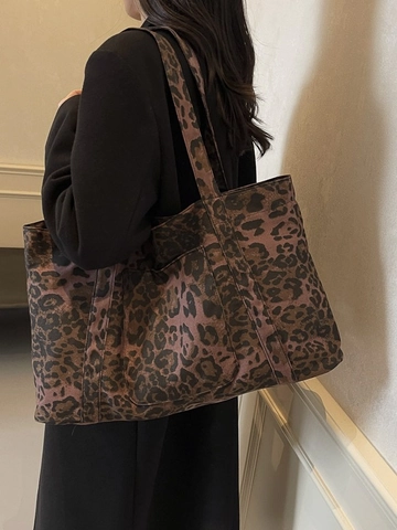 Women Leopard Print Canvas Tote Bag Large Capacity Shoulder Bag Fashionable Shopping Bag Daily Travel Bag Outer Pocket