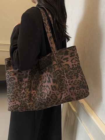 Women Leopard Print Canvas Tote Bag Large Capacity Shoulder Bag Fashionable Shopping Bag Daily Travel Bag Outer Pocket