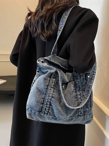 Retro Acid Wash Denim Tote Bag Für Damen Große Kapazität Street Trend Schultertasche Metallschnalle Casual Reise Umhängetasche