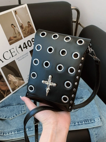 Vintage Punk Gothic PU Leather Women Shoulder Crossbody Bag With Metal Eyelets Skull Cross Decoration Small Phone Purse