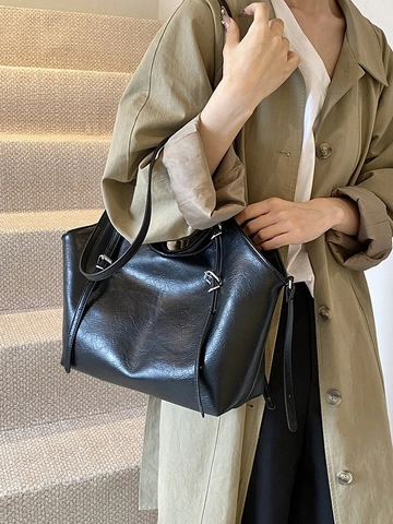 Dames Grote Capaciteit PU Leren Tote Bag Retro Minimalistische Schoudertas Verstelbare Metalen Gesp Handtas