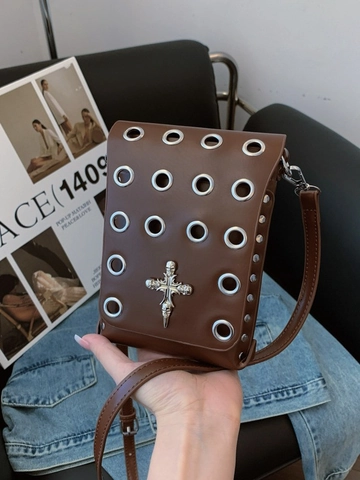 Vintage Punk Gothic PU Leather Women Shoulder Crossbody Bag With Metal Eyelets Skull Cross Decoration Small Phone Purse