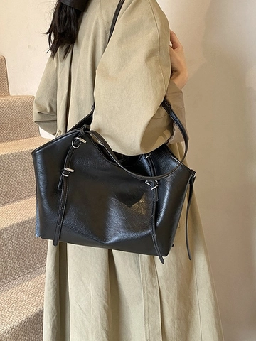 Dames Grote Capaciteit PU Leren Tote Bag Retro Minimalistische Schoudertas Verstelbare Metalen Gesp Handtas