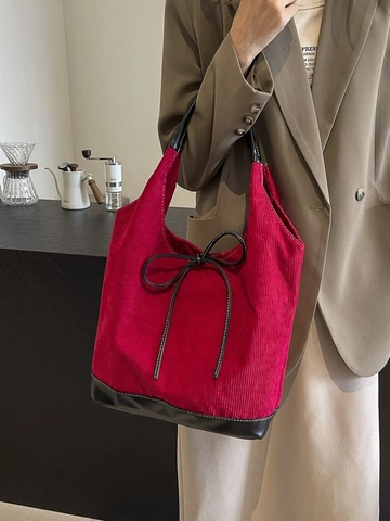 Vintage Cord Tragetasche Damen Kunstleder Schultertasche Mit Schleifen Dekoration Große Kapazität Pendler Handtasche