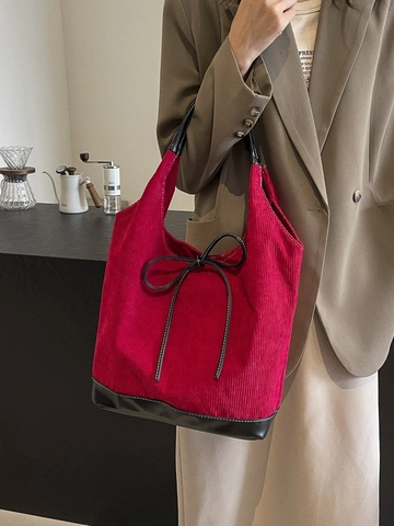 Vintage Cord Tragetasche Damen Kunstleder Schultertasche Mit Schleifen Dekoration Große Kapazität Pendler Handtasche