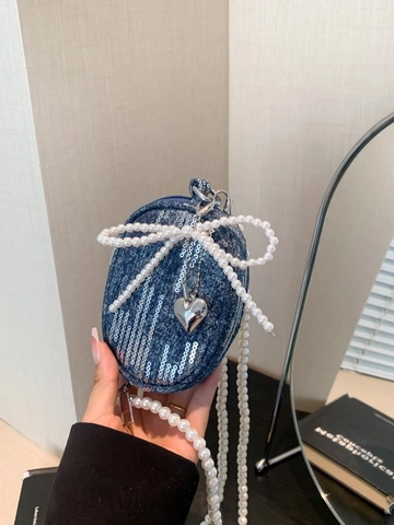Y2K Mini Denim Crossbody Bag For Women Sequin Artificial Pearl Chain Shoulder Bag With Bow Heart Pendant Sweet Cool Small Coin Purse