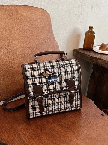 Mini Sac à Dos Rétro Plaid Pied-de-Poule pour Femmes Broderie Teckel Mignon Cuir PU Toile Sac Bandoulière Style Collège Voyage Sac à Main