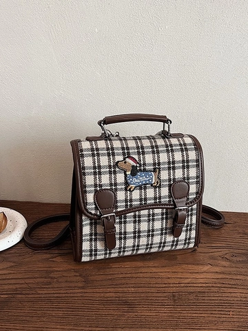Mini Sac à Dos Rétro Plaid Pied-de-Poule pour Femmes Broderie Teckel Mignon Cuir PU Toile Sac Bandoulière Style Collège Voyage Sac à Main