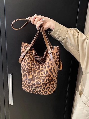 Damen Vintage Leopardenmuster Eimertasche Große Kapazität Segeltuch PU Leder Schultertasche Umhängetasche Für Den Alltag