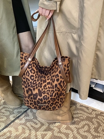 Damen Vintage Leopardenmuster Eimertasche Große Kapazität Segeltuch PU Leder Schultertasche Umhängetasche Für Den Alltag