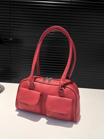 Vintage PU-Leder Achseltasche Schultertasche Für Damen Doppelten Vordertaschen Reißverschluss Urban Minimalistisch Handtasche