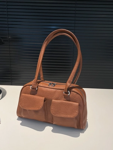Vintage PU-Leder Achseltasche Schultertasche Für Damen Doppelten Vordertaschen Reißverschluss Urban Minimalistisch Handtasche