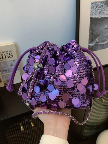 Borsa a Secchiello con Paillettes Donna Moda Coulisse Borsa a Tracolla Con Catena in Metallo Viola Trendy Festa Sera