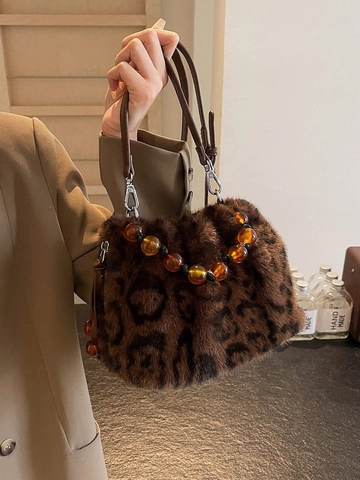 Faux Fur Leopard Bucket Bag With Amber Bead Handle Autumn Winter Plush Handbag Shoulder Crossbody Bag For Women