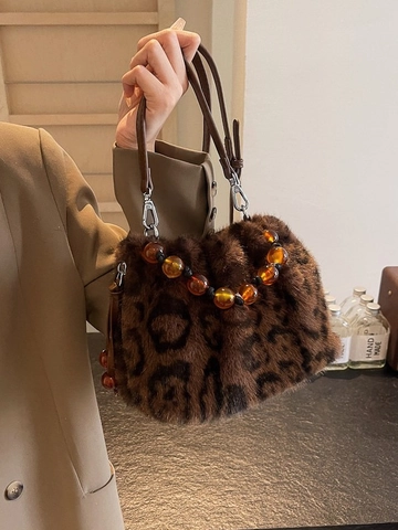 Faux Fur Leopard Bucket Bag With Amber Bead Handle Autumn Winter Plush Handbag Shoulder Crossbody Bag For Women