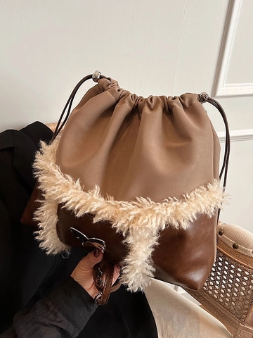 Damen Faux Pelz Patchwork Beuteltasche Vintage PU Leder Schmetterling Dekor Kordelzug Umhängetasche Trendy Winter Handtasche