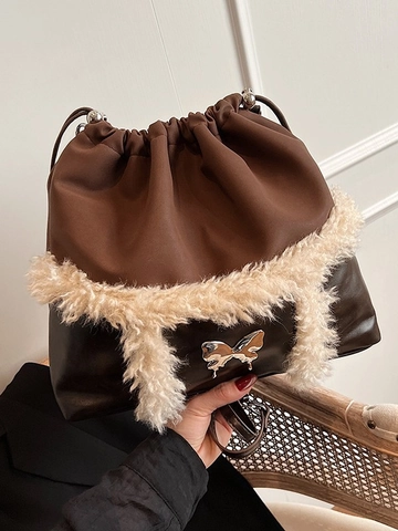 Damen Faux Pelz Patchwork Beuteltasche Vintage PU Leder Schmetterling Dekor Kordelzug Umhängetasche Trendy Winter Handtasche