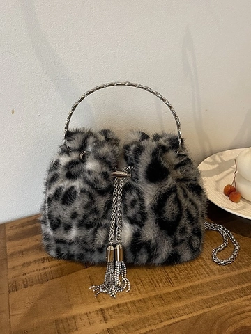 Damen Kunstpelz Leopardenmuster Eimertasche Mode Strass Kette Umhängetasche Flauschige Plüsch Handtasche Winter Herbst Schultertasche Modische Tasche