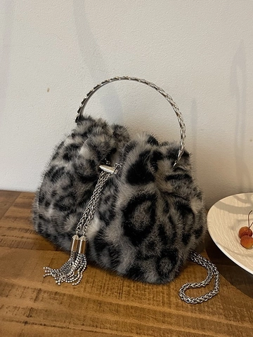 Damen Kunstpelz Leopardenmuster Eimertasche Mode Strass Kette Umhängetasche Flauschige Plüsch Handtasche Winter Herbst Schultertasche Modische Tasche