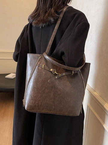 Bolso Tote de Cuero PU Gran Capacidad Retro Minimalista Multiuso Bolso de Hombro para Mujer Oficina Trabajo Cremallera