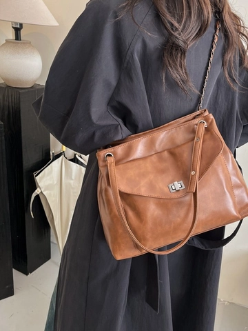 Dames Vintage PU Leer Schoudertas Grote Capaciteit Tote Bag Met Kettingriem En Draaislot Dagelijkse Mode Handtas