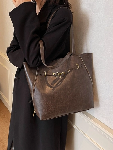Bolso Tote de Cuero PU Gran Capacidad Retro Minimalista Multiuso Bolso de Hombro para Mujer Oficina Trabajo Cremallera