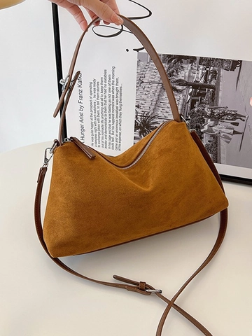Vintage Frosted PU Suede Look Shoulder Bag For Women Minimalist Underarm Bag With Adjustable Strap Retro Large Tote Handbag