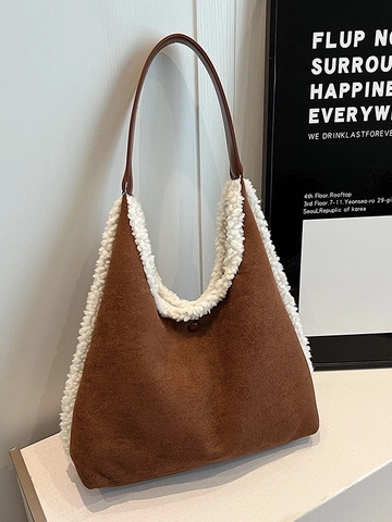Damen Kontrastfarbe Wildlederimitat Shopper Mit Lammwollbesatz Vintage Lässige Umhängetasche Achseltasche Für Den Alltag
