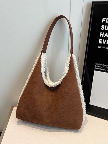 Damen Kontrastfarbe Wildlederimitat Shopper Mit Lammwollbesatz Vintage Lässige Umhängetasche Achseltasche Für Den Alltag
