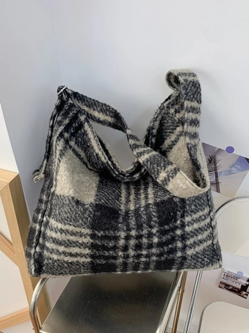 Damen Karierte Woll-Tote-Tasche Große Kapazität Lässige Plaid-Schultertasche Retro Hobo Handtasche Winter Weiche Stofftasche
