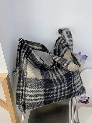 Damen Karierte Woll-Tote-Tasche Große Kapazität Lässige Plaid-Schultertasche Retro Hobo Handtasche Winter Weiche Stofftasche