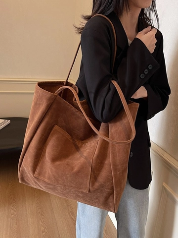 Minimalist Faux Suede Large Capacity Tote Bag For Women Solid Color Commuter Shoulder Bag With Front Patch Pocket Retro Handbag