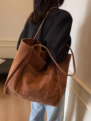 Minimalist Faux Suede Large Capacity Tote Bag For Women Solid Color Commuter Shoulder Bag With Front Patch Pocket Retro Handbag