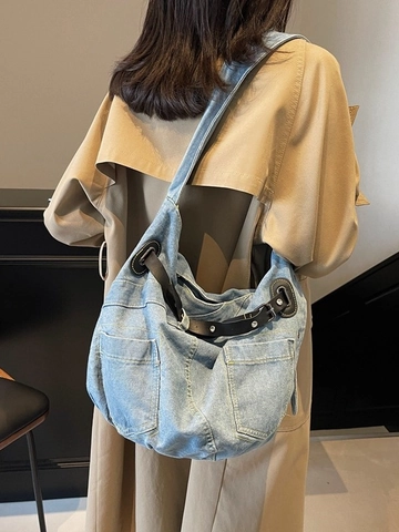 Damen Retro Denim Schultertasche Große Kapazität Gewaschene Hobo Tasche Workwear Multi-Taschen Umhängetasche Mit PU Leder Gürtel Dekor Pendeln Tote