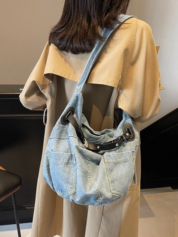 Damen Retro Denim Schultertasche Große Kapazität Gewaschene Hobo Tasche Workwear Multi-Taschen Umhängetasche Mit PU Leder Gürtel Dekor Pendeln Tote