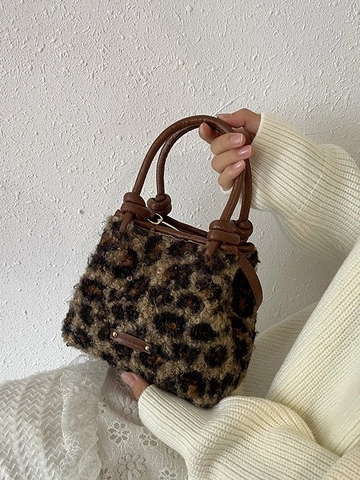Women Leopard Print Plush Handbag Faux Fur Shoulder Bag Crossbody Bucket Bag Autumn Winter Fashion Tote Hand Bag