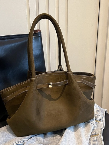 Damen Vintage Mattiertes Wildleder Tragetasche Große Kapazität Minimalistische Schulterhandtasche Mit Metallschnalle