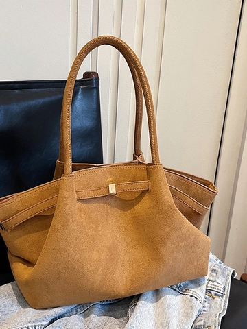 Damen Vintage Mattiertes Wildleder Tragetasche Große Kapazität Minimalistische Schulterhandtasche Mit Metallschnalle