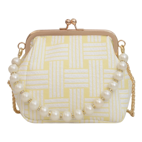 Elegant Satin Geometric Woven Crossbody Bag With Faux Artificial Pearl Handle Gold Chain Kiss Lock Retro Handbag For Women Party