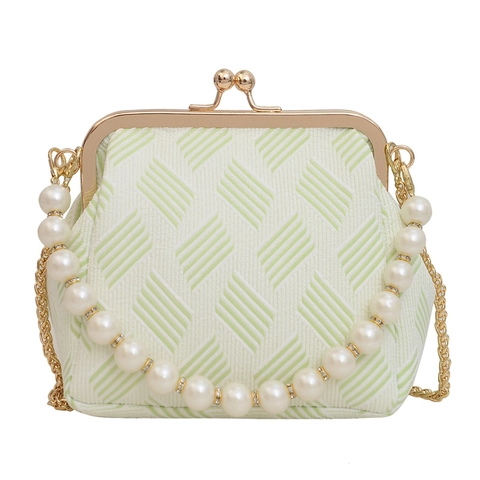 Elegant Satin Geometric Woven Crossbody Bag With Faux Artificial Pearl Handle Gold Chain Kiss Lock Retro Handbag For Women Party