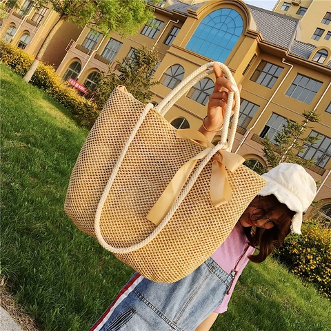 Large Straw Woven Tote Bag With Satin Bow And Cotton Rope Handle For Women Summer Beach Vacation Shoulder Bag