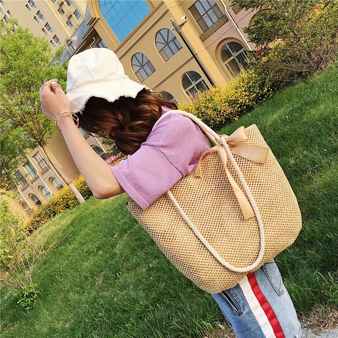 Large Straw Woven Tote Bag With Satin Bow And Cotton Rope Handle For Women Summer Beach Vacation Shoulder Bag